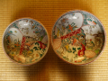 古伊万里色絵大鉢２個組　花鳥楼閣鶴松文　t-378