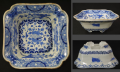 古伊万里染付隅切脚付角鉢　細密な線描き　色紙花蝶文様　カマキズ有　t-1834　