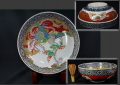 古伊万里色絵大鉢　大胆な構図　華やかな鳳凰文　亀甲花菱　金補修有　　t-1910