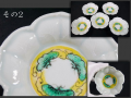色絵　桔梗形　豆皿　５客　その2　黄釉と緑釉の松雲文見込み　繊細な陽刻  九谷か　t-1947