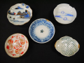 時代　豆皿５点　型紙摺印判・色絵丸文・見込五弁花・千鳥・遠山山水　t-1975