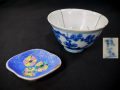 清朝　中国古玩２点　郡中十錦手　変形菱豆皿　青花小碗　玩玉銘　唐物　中国美術 t-1976