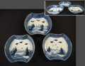 古伊万里　染付　分銅形の小皿３客　波千鳥文様　本錫補修　t-2466