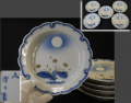 源六焼　富永源六　雪輪形六寸皿５客　吹き絵の満月と草花文　無傷美品　t-2510