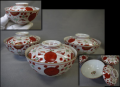 古伊万里　色絵　蓋付茶碗３客　赤玉瓔珞文　見込み巻物　t-2524