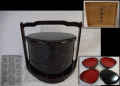 輪島塗　蛤形　手提三段重箱　伝統工芸　能登輪島塗　堅牢漆器　共箱　美品　k-659