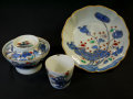 古伊万里　染錦草花文３点　成化年製膾皿・蓋付茶碗・小ぶり蕎麦猪口　t-2563