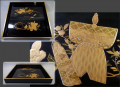 美しい立雛ノ図と兜ノ図　木製金蒔絵四方盆の大　27.3cm　桃の節句端午の節句　k-666