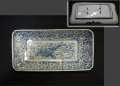 古伊万里　型紙摺印判　長皿　荒磯文　荒波に跳ねる鯉　ニュウ本錫補修　t-2598
