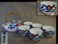 香蘭社製　湯呑と急須の茶器揃　金彩・ブル・ー朱色の椿文　宮内庁御用達　t-2618