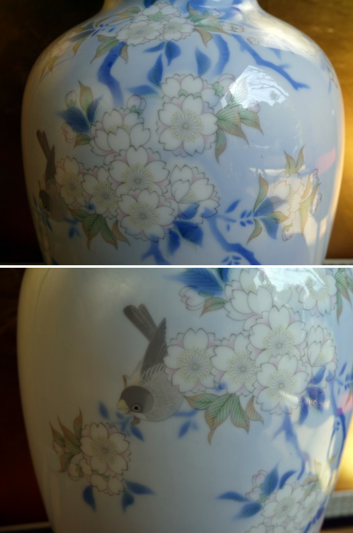 深川製磁花瓶 官窯染付 花鳥図 満開の桜と可愛い小鳥38cm t-1038 